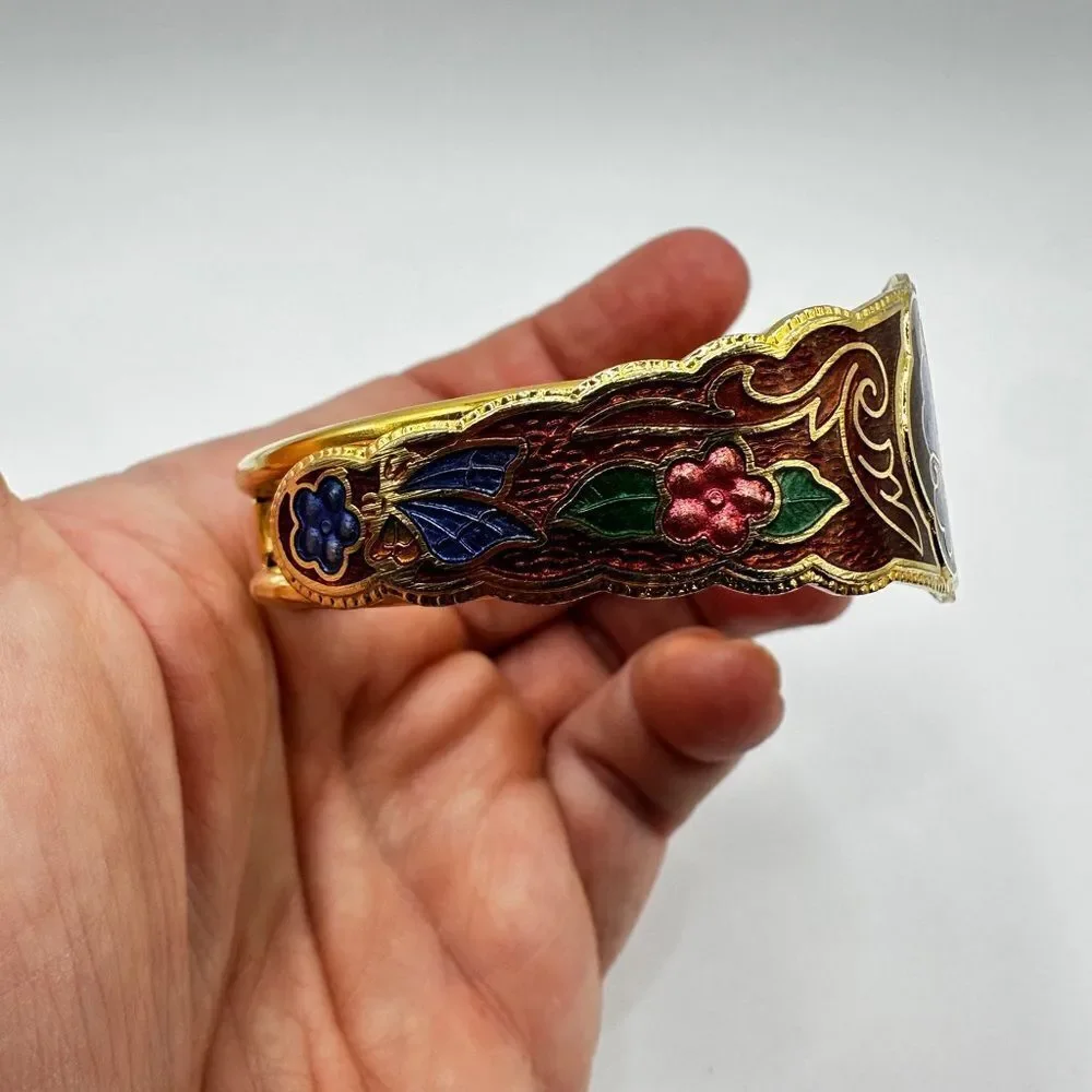 Beautiful cloisonné butterfly‎ and flower clamp hinged bracelet!